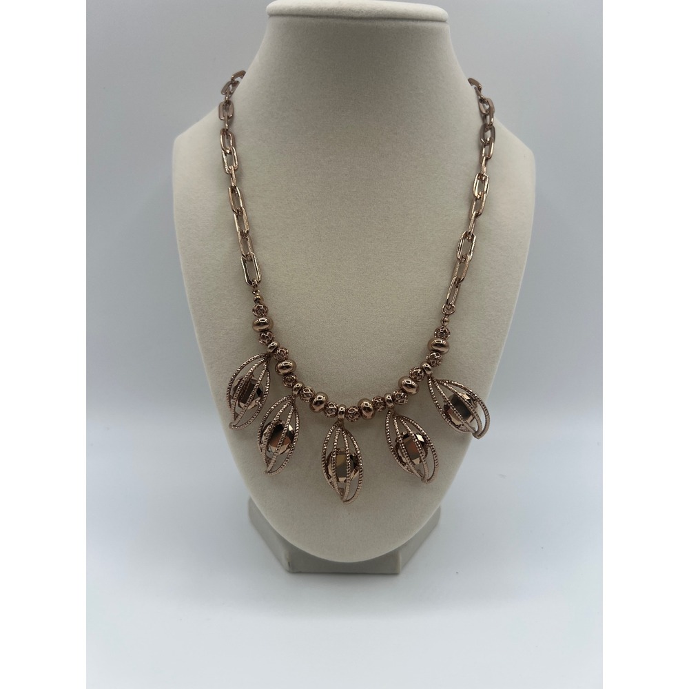 Rose Gold Tone Cage Pendant Beaded Link Chain Statement Necklace